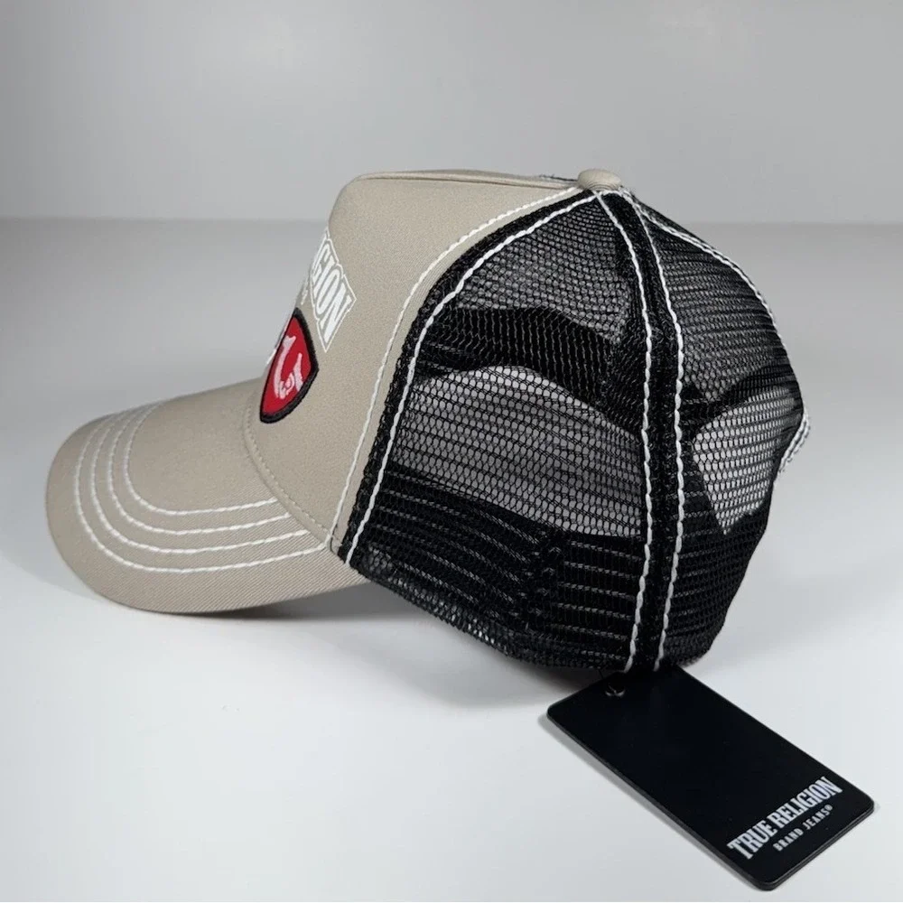 TRUE RELIGION Buddha Patch Trucker Snapback Hat Tan Black Men's *NEW* $69